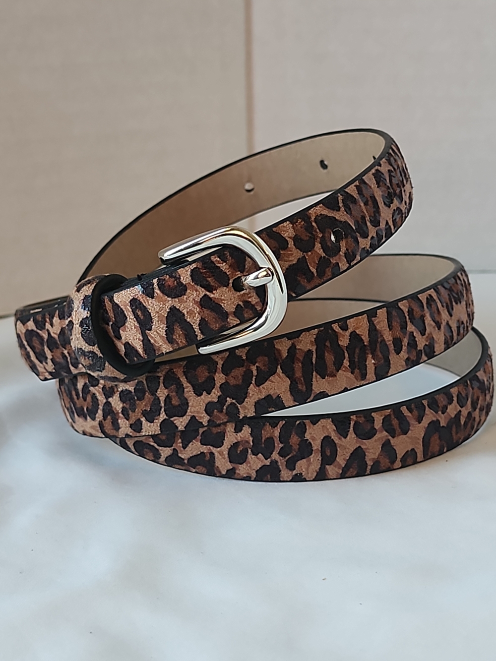 Leopard Animal Print Faux Calf Hair Skinny Belt Silver Buckle XL / 44" Vtg SEARS